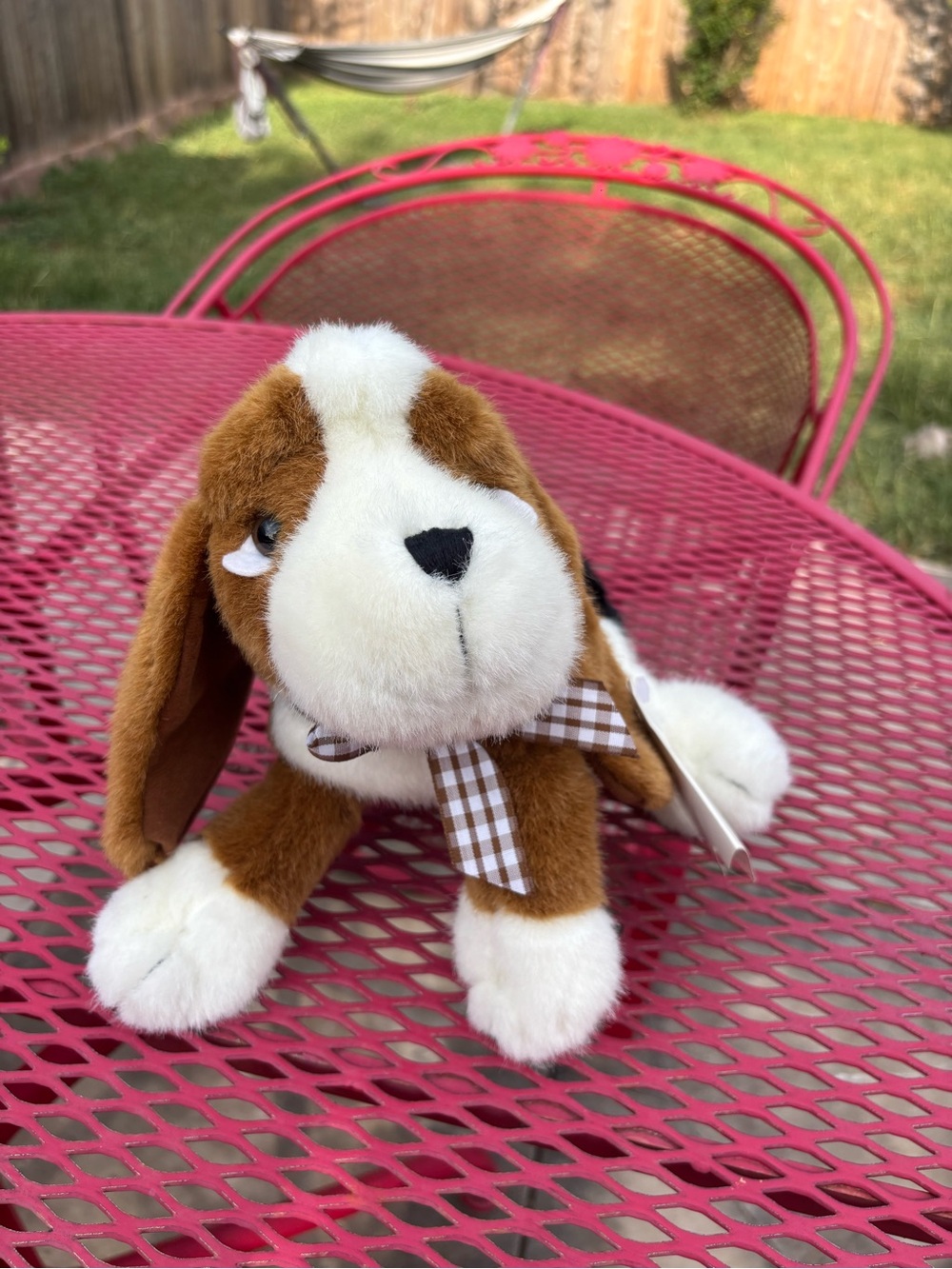 Plush Brown & White Basset Hound Puppy with Gingham Bow NWT